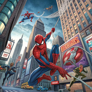 A surreal landscape wallpaper with a Marvel superhero theme, featuring Spiderman in various action poses amidst a comic book cityscape.