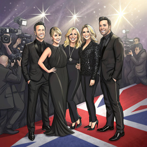 Former Liberty X members Lee Latchford-Evans, Lisa Scott-Lee, Claire Richards, Faye Tozer, and Ian 'H' Watkins reunite at a music industry awards show. All dressed in sleek black attire, they pose for a group picture amidst a sea of cameras and flashing lights.