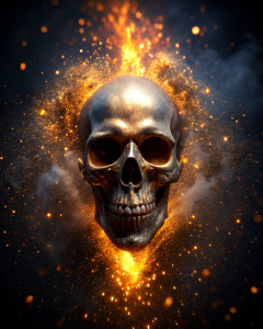 effect, photoshop action, realistic, black skull, with human body, gold, fire, sparks, dust, explosion, effect, xd quality, micro detail sharpening,