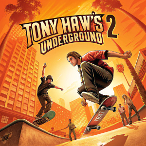 Cover art for Tony Hawk's Underground 2 showcases vibrant orange tones and intense skateboarding action scenes.