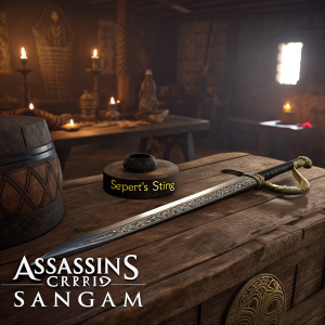 Promotional art for Assassin's Creed: Sangam. Serpent's Sting, the primary weapon, displayed on a rustic wooden table. Assassin's Creed logo at bottom right corner.