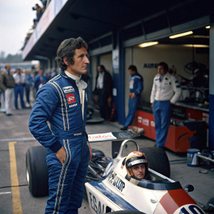 Patrick Depailler, in a sleek racing suit, standing beside his Formula One car in the garage. Team members and mechanics忙碌的背景