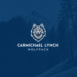 Carmichael Lynch Wolfpack's homepage, minimalist design with wolf head logo, dark blue background.