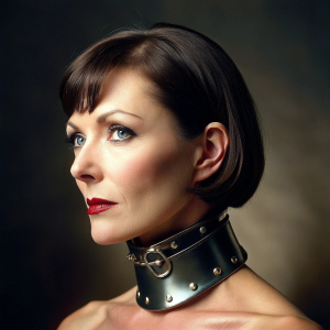 attractive 40 yo brunette wearing iron slave collar. side view