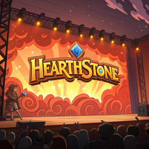Cartoony digital artwork featuring the Hearthstone logo. Fiery backdrop with dynamic shapes and bold colors.
