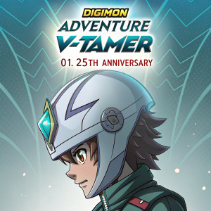 Promotional poster for Digimon Adventure V-Tamer 01 25th Anniversary. Digital illustration featuring futuristic alien face at top, determined character in center, and stylish, gradient design. Cool blues and whites with Digimon Adventure logo.