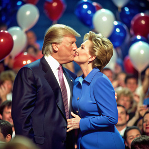 Realistic photo of old Hillary Clinton in a blue power suit and old Donald Trump kissing on stage as balloons drop around them and a crowd cheers - 
 shot on a Mamiya 7ii on Portra 400 at f/2.8, natural lighting, clean facial features, realistic, global illumination, no vignette--uplight