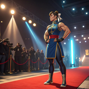 Digital illustration of Chun Li, muscular build, standing on a red carpet at award ceremony, posing confidently with an intense expression.