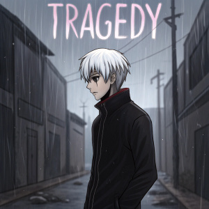 Kaneki Ken, protagonist from Tokyo Ghoul, standing in a desolate alley. Dark and gloomy atmosphere, with raindrops falling. His face shows intense sadness, surrounded by dark makeup and white hair. The word 'TRAGEDY' is displayed in bold letters above him.