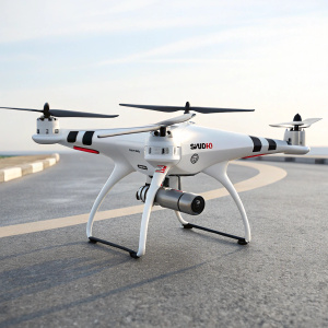 Sleek white drone, Syma S36, poised for takeoff with black accents. Ready to capture aerial footage