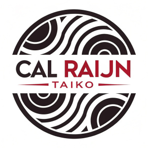 Cal Raijin Taiko logo redesign. Modern abstract swirls, bold black and white font