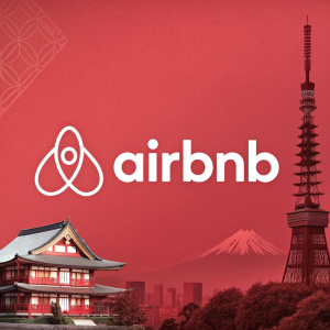 Design concept: Airbnb logo. Red background. Iconic Airbnb symbol on left, brand name 'Airbnb' on right.