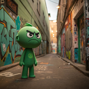 Green character with a scowling face. It's standing in a colorful, graffiti-filled alley.