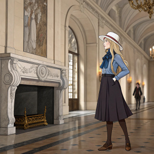 Reines El-Melloi Archisorte in a formal gathering, elegant attire, standing in front of a large, ornate fireplace. Her long hair cascades down her back, she wears a white hat and a blue blouse with a dark skirt, brown stockings. The background is a luxurious hall with high ceilings.
