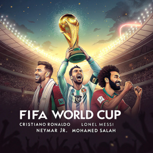 Poster for the FIFA World Cup featuring Cristiano Ronaldo, Lionel Messi, Neymar Jr., and Mohamed Salah celebrating on a packed stadium at night.