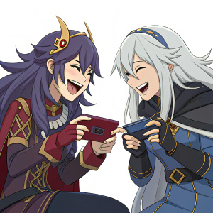 Digital artwork of Camilla and Lucina from Fire Emblem. Anime-style, white background, playful interaction