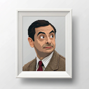 Pixel art portrait of Mr. Bean. Simple modern frame. Neutral color palette.