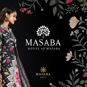 Digital artwork showcasing Masaba House of Masaba, an Indian fashion brand. Black background, elegant font for brand name, detailed descriptions of the brand's heritage, designer Masaba Gupta, and its innovative fusion of traditional Indian attire with contemporary fashion. Artwork features intricate designs, blending traditional motifs with modern silhouettes.