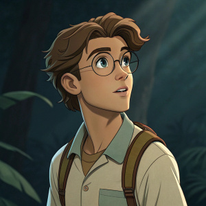 Milo James Thatch, the animated protagonist from Disney's 'Atlantis: The Lost Empire', showcased in a digital artwork. Dark, shadowy background, multiple angles, youthful appearance, casual attire.