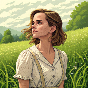 Emma Watson, digital portrait. Pixel art style, standing on vibrant green grass, serene look