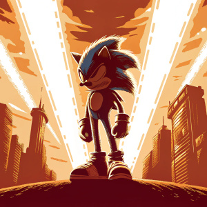 High-definition 3D render of Sonic the Hedgehog, standing on a neon lit cityscape.