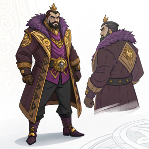 Concept art illustration of Kuzenbo, the crime boss from Smite. Multiple views showcasing his luxurious outfit in rich brown, purple, and gold. Detailed and stylized, with an assertive and commanding pose.