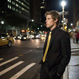 Hunter Parrish, actor, dressed in black suit and gold tie, standing solemnly on a busy city street at night.