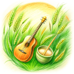 icon style, realystic, grass below and above, old etnical musical instrument