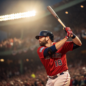 Mitch Moreland, the baseball warrior, poised in batting stance. Number 18 on his jersey. Dark helmet and red uniform stand out. Crowded stadium background