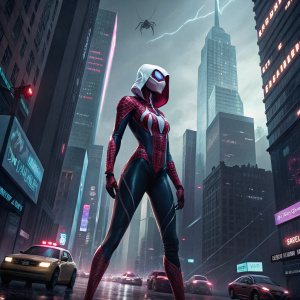 Spider-Gwen, striking a dramatic pose. Futuristic cityscape background, character from Marvel Comics