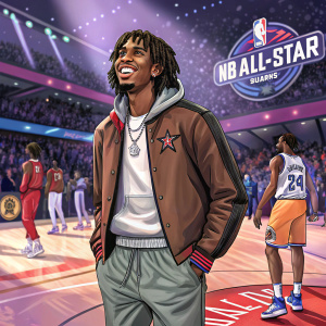 Tyrese Maxey at the NBA All-Star Game. Wearing casual outfit with a broad smile.