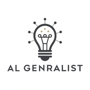 Logo design for AI Generalist, a personal brand of an AI specialist who can create and use artificial intelligence for different purposes and tasks. Use a simple and elegant font, such as Helvetica or Arial, in black or dark gray. Use a pictorial mark of a light bulb, with a circuit board pattern inside, to symbolize creativity and innovation. Use a bright color, such as yellow or orange, for the light bulb. The mark should be placed above the text, aligned to the center.