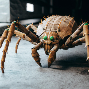 A digital 3D model of a giant insectoid creature with brown exoskeleton and green highlights. The creature has a segmented body with intricate patterns. It stands on long, spiky legs against a black backdrop.