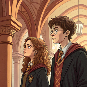 In a digital art piece evoking a comic book feel, Hermione Granger and Harry Potter, with their distinct appearances, are featured. The scene is set in a grand, warm-hued structure with intricate arches and columns as the backdrop.