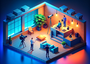 isometric view of a loft with people shooting a video with cameras, people working on computers on a desk in the corner
