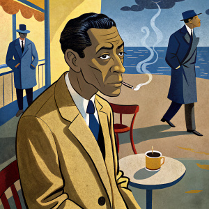 albert camus smoking a cigarette outside a parisian cafe, he is melancholy. He is wearing a suit and a trench coat