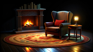 get a peaceful fireplace carpet coffee table and armchair on a black font