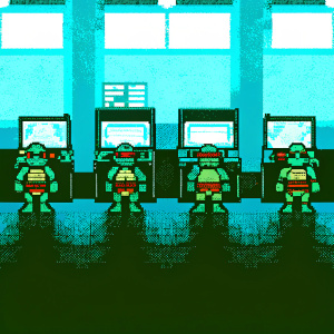 Pixelated arcade game featuring Teenage Mutant Ninja Turtles. Set against a vibrant wall in a retro gaming cafe.