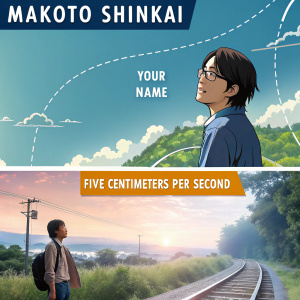 Visually striking presentation of Makoto Shinkai's artistic journey. Highlighting major milestones and achievements in his career.