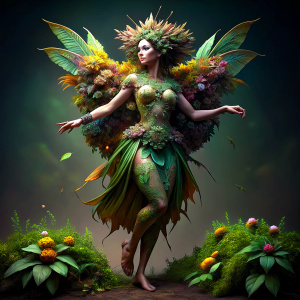 full body statue of dancing summer garden fairy, 3D