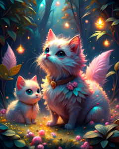 two pink fluffy fairy cats, with fairy pink and golden iridescent wings and and golden fluffy precious fur, having a picnic in a magical forest, surrounded by fireflies 