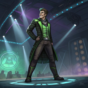 Handsome Jack, from Borderlands 2, in a vivid digital painting. Green and black outfit. Standing on a virtual stage, filled with holographic effects.