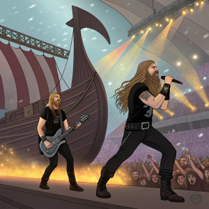 Amon Amarth headlining at a packed arena. Vibrant stage design with a Viking ship, powerful lighting effects. Musicians in black, lead singer holding mic. Gray electric guitar solo. Live concert atmosphere.