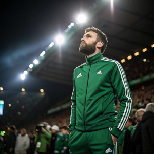 Stuart Dallas, bearded athlete, poses in a green Adidas track suit. Crowded sports event, bright stadium lights.