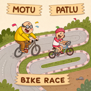 Cartoon illustration for the game Motu Patlu Bike Race. Characters riding bikes on winding track. Below the illustration, game layout showing multiple turns and obstacles.