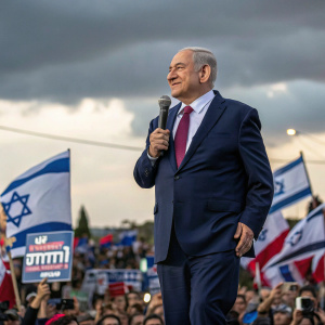Benjamin Netanyahu, dressed in a navy suit with a maroon tie, addressing a rally. Crowd cheering in the background