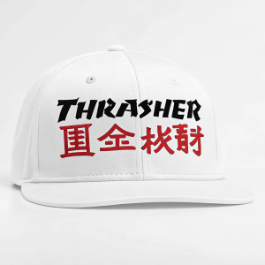 A sleek, modern design featuring the Thrasher logo alongside a bold, traditional Chinese phrase in aggressive font style. Clean white background emphasizes the typography and translation, creating a striking contrast.