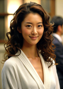 1girl, 25-year-old Korean actress Clara Lee Sung-min, with medium curly brown hair, wearing an open white bathrobe, bathroom: 1.2, collarbone, 45-degree face looking at the audience, ((turbulent)), ((perfect body proportions)), (Panorama: 1.3), beautiful and mature, grinning, deep shadows, Wong Kar-wai photography style, half body to navel: 1.2, <lora:DetailedEyes_xl_V2:1>, <lora:neg4all_bdsqlsz_xl_V7:1>, (super delicate oval face)), ((Beautiful eyes with long eyelashes,((real quality)),((Leica 