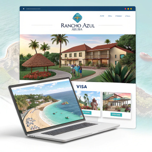 Website screenshot showcasing the homepage of Rancho Azul Aruba. Featuring Joomla template with custom modules. Displays property images, amenities, Visa logo, and more, creating an appealing visual experience.