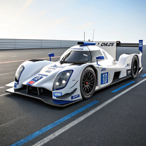 Ginetta G60-LT-P1 LMP1 WEC model race car. Sleek design. Predominantly white with blue accents. Sponsor logos visible.